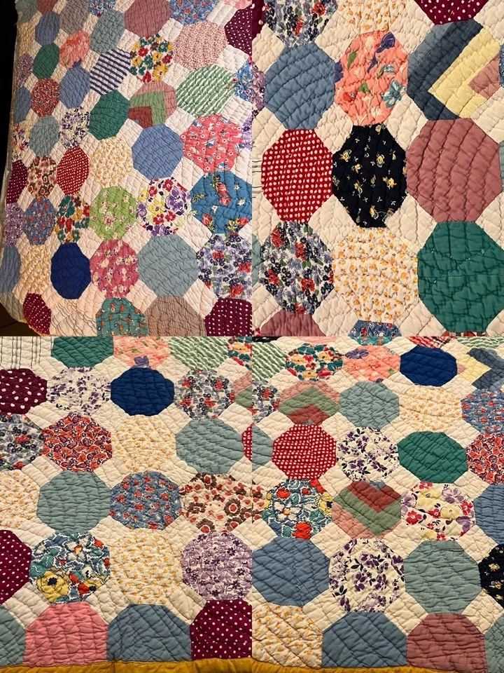 Vintage Handmade Doubled Sided Hexagon Flower Basket Pattern Cotton Quilt 81x74 - Image 4 of 4