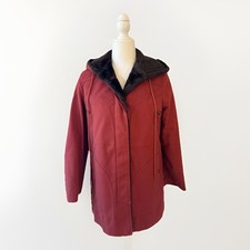 Rust Red Hooded Parka Coat Womens Large Faux Fur Lined Jacket Warm Winter Retro