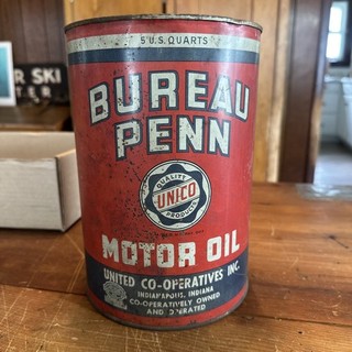 Antique 5 Qt Unico Bureau Penn Motor Oil Tin can Gas Station Advertising Rustic