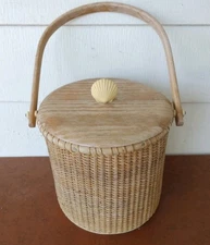 Wicker wood Vinyl Ice Bucket Insulated Tiki Bar Style Seashell Shore Ocean Retro
