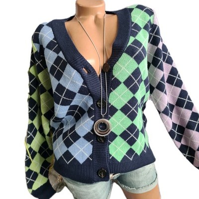 Aniston Damen Strickjacke Pulli blau kariert Langarm Gr. 36 bis 44 (1056) NEU