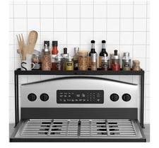 Stove Top Shelf Spice Rack, Adjustable 27–33”, Kitchen Organizer, Black