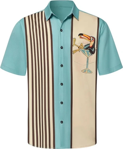 Casual Retro Bowling Shirt – Toucan Cocktail Tiki Hawaiian Rockabilly Top