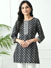 Indian Women Black  White Cotton Printed Kurta Kurti Top Tunic New Dress