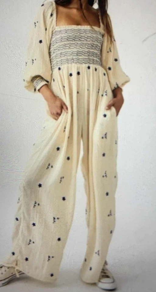 Nuevo con etiquetas Mono Free People Dahlia Pierna Ancha Floral Bordado Acanalado 100% Algodón XS Foto 2 de 4