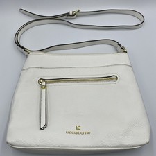 VINTAGE 1980s LIZ CLAIBORNE White Leather Crossbody Purse With Gold Tone Logo