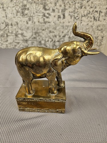 Vtg Elephant Brass Sculpture Decorative Boho Base Mounted Weighted 8" Tall - Picture 3 of 7