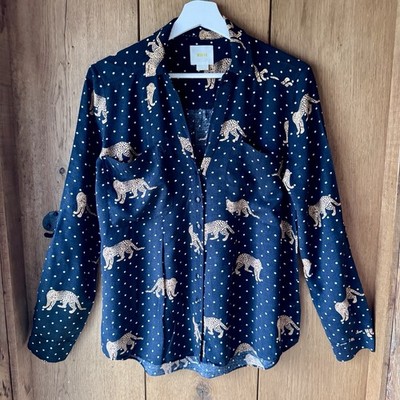 ANTHROPOLOGIE MAEVE Leopard Polka Dot Shirt 8 schwarz blau Animal Print Bluse