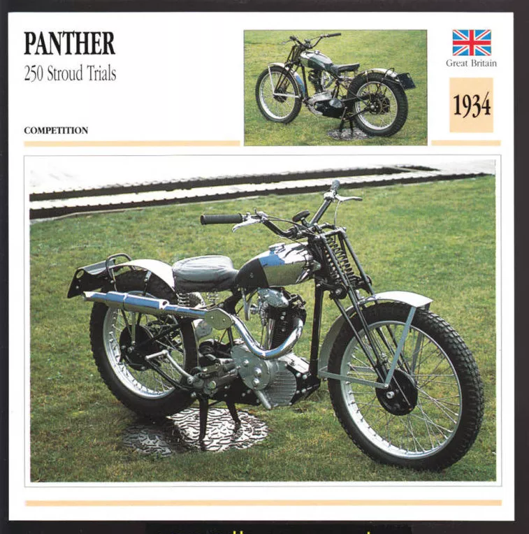 1934 Panther 250cc Stroud Trials 248cc Race Motorcycle Photo Spec Info Stat Card