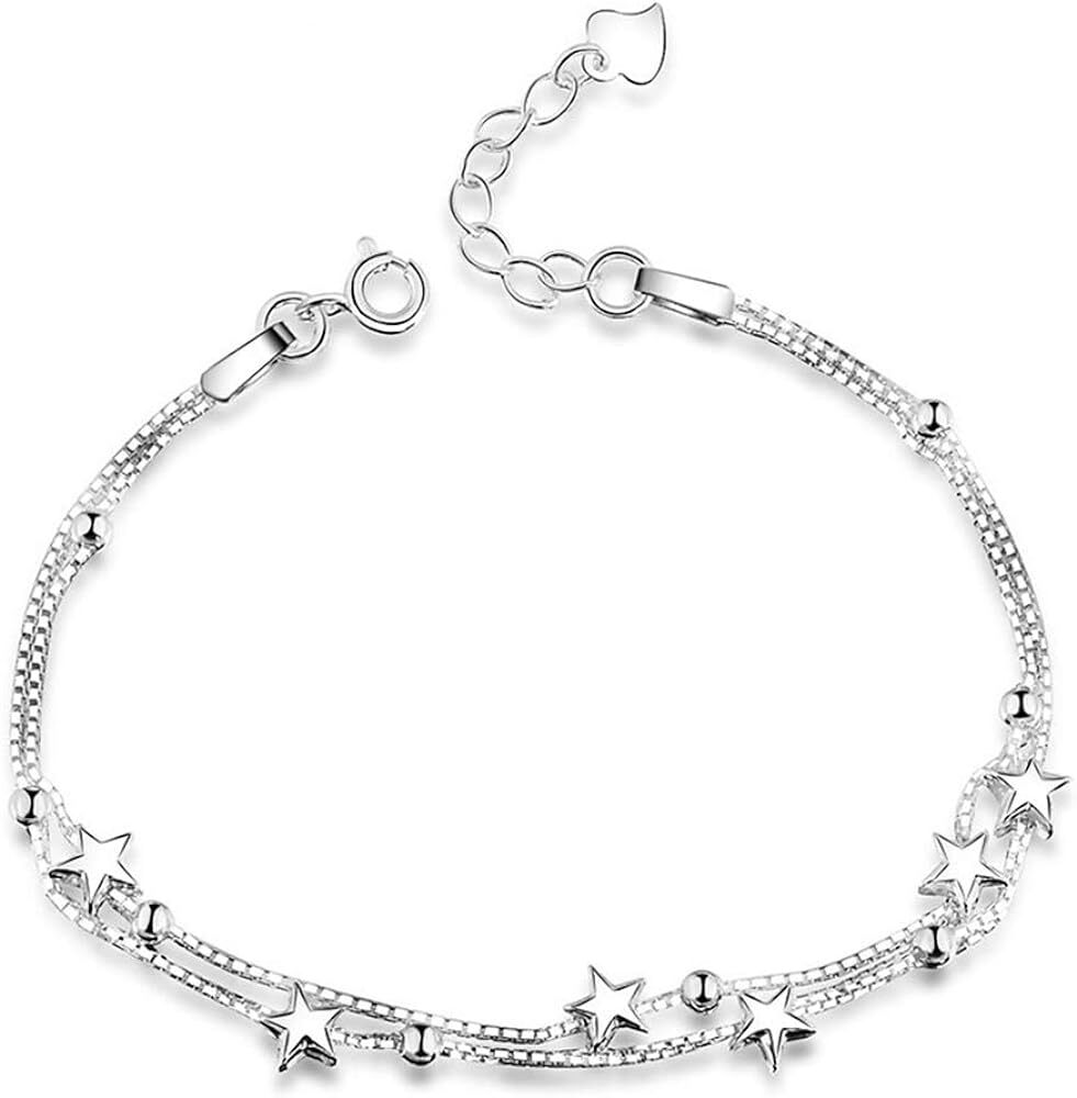 Elegant Mini Stars Beaded Charm Bracelet 925 Sterling Silver Box Chain Layered