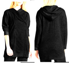 New H Halston Studio French Terry Knit Hooded Jacket Black Sz L