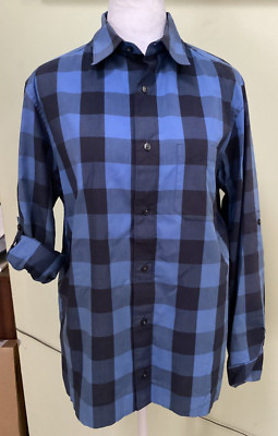 Spring + Mercer Men's Blue & Black Plaid Roll Tab Long Sleeve Casual Shirt Small
