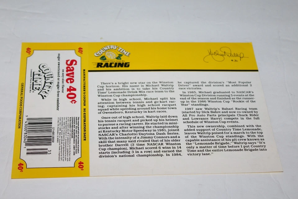 1980'S MICHAEL WALTRIP signed COUNTRY TIME RACE CAR PICTURE & COUPON - Imagem 3 de 3