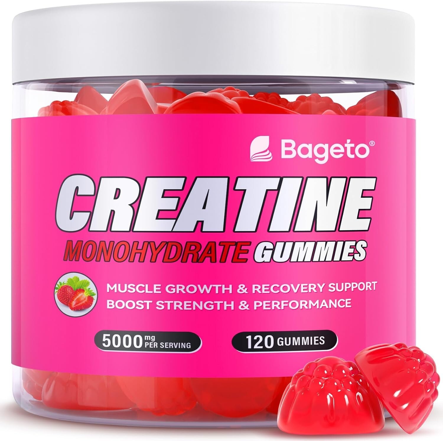 Bageto Creatine Monohydrate Gummies 5000mg - 120 Count Strawberry - Sugar-Free