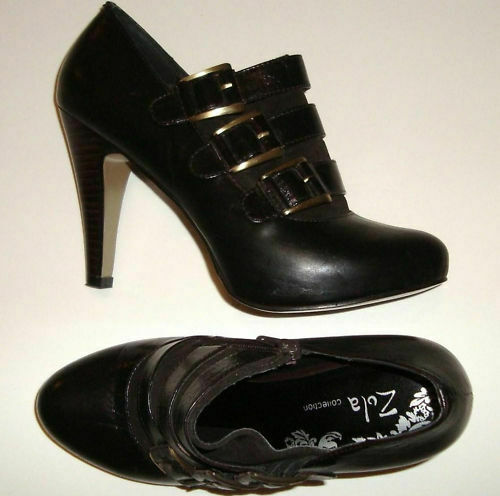 GORGEOUS ZOLA COLLECTION BLACK LEATHER BUCKLED HIGH HEELED SHOES 40 "OBEY" - Picture 1 of 8