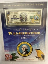 Genuine Colorized $2 Dollar Bill The State of Washington