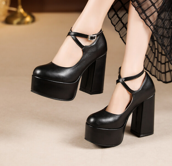 Womens Mary Janes Pumps Buckle Strap Thick Heels High Platform Round Toe  Shoes