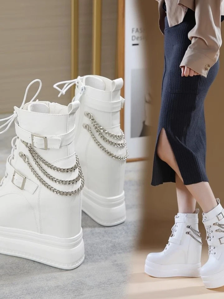 Tacones de cuña altos de 15 cm con plataforma para mujer Botines Hebilla Cadenas Cremallera lateral Con cordones Foto 3 de 4