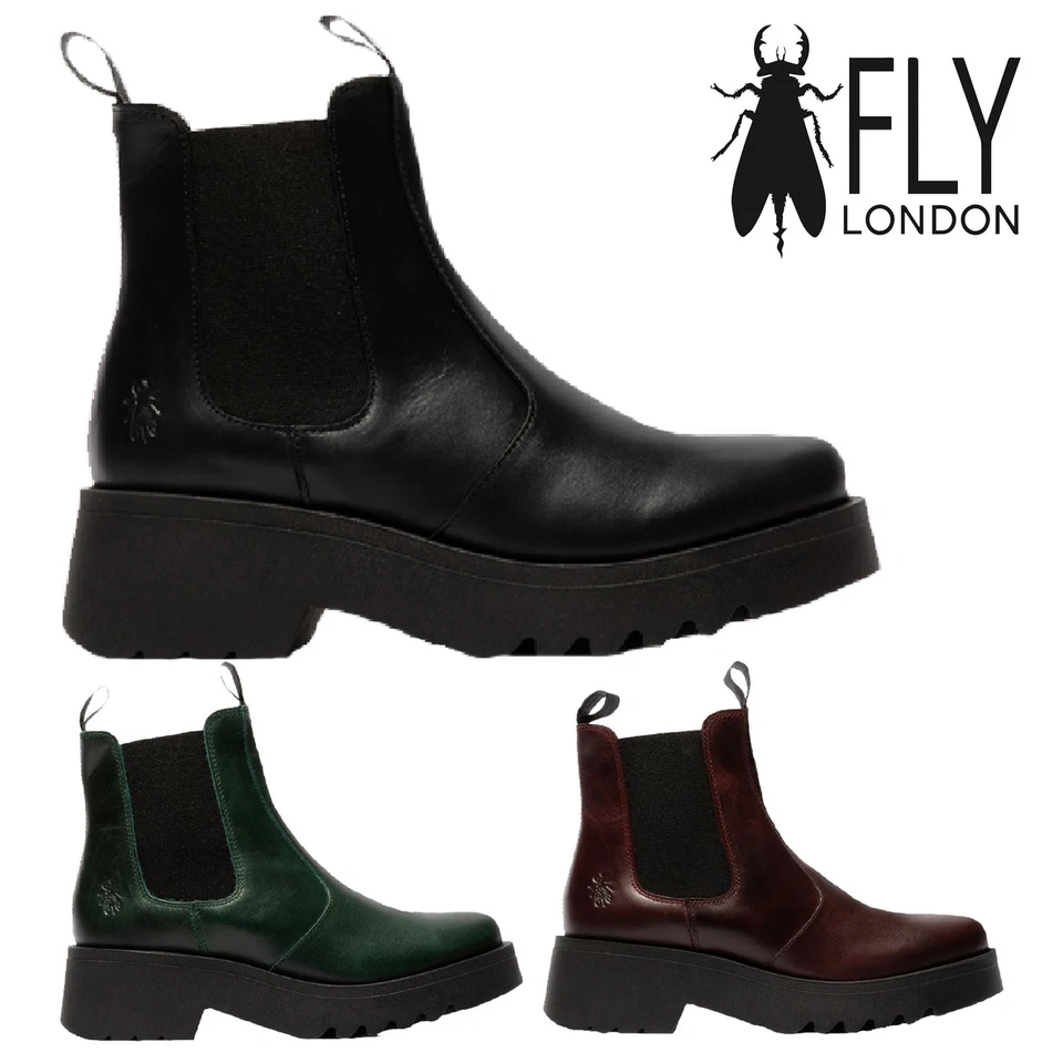Fly London Damen MEDI789 Stiefel Keilabsatz Chelsea Stiefeletten Leder Plateau UK 3-8