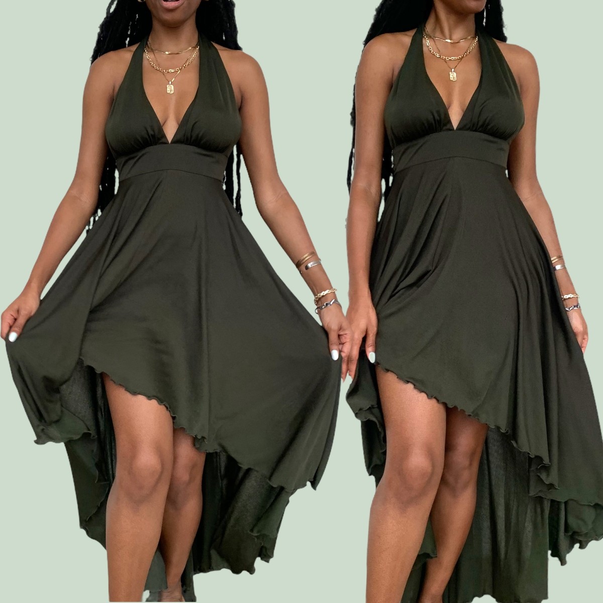 Vtg Vintage 1970s 70s Funky Brand Hot Sexy High Low Halter Olive Disco Dress