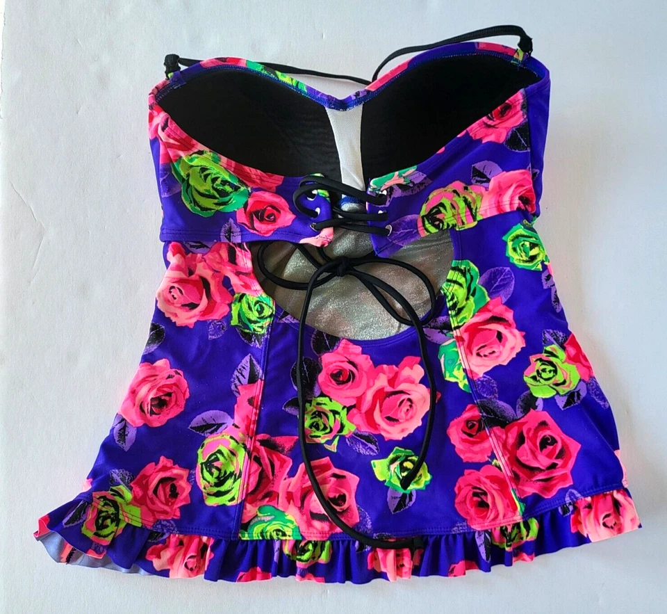 Corsé Betsy Johnson Rosa Gitana Tankini Top Medio Púrpura Acolchado Corbata Trasera Foto 3 de 4