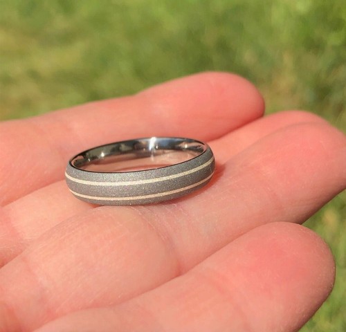 Double Silver Pinstripe Titanium Ring, Sandblasted, Mens Wedding Band - Picture 5 of 10