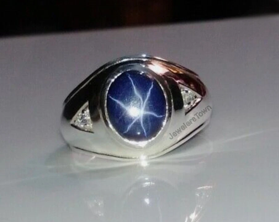 Anello da uomo con stella originale zaffiro blu, anello in argento sterling 92,5 - Immagine 2 di 4