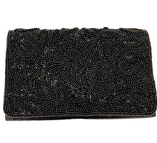 Black Satin Beaded Clutch Handbag Crossbody Evening Bag