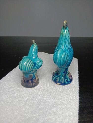 Lot Of 2 Vtg Chinese Antique Early 20th Century Turquoise Blue Glazed Roosters - Picture 6 of 13