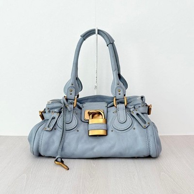 バッグ Chloe Paddington Hand Bag Leather Sky Chloe Paddington Sky Blue Leather Handbag Padlock Key Tote Satchel