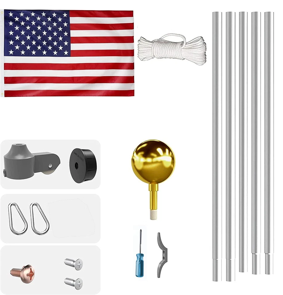 20 ft Flag Pole Kit Sectional Aluminum Flagpole w/ 3x5' US Flag Gold Ball Kit - Image 2 of 4