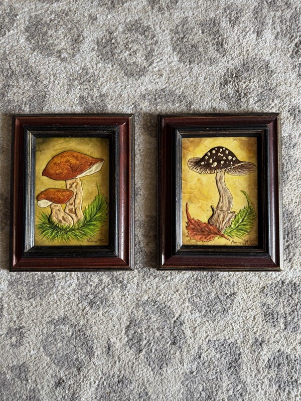Norma McCue Set of 2 Signed Framed Mushroom Still Life Paintings, Small