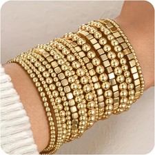 16 PCS Gold Bead Bracelets for Women -Stackable Beaded Stretch Bracelet Set Gift