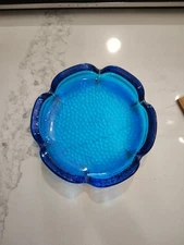 5.75" D Blue Mid Century Thick Ripple Art Glass 6 Notch Sided Ashtray VINTAGE MC