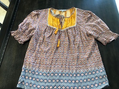Daniel Rainn Size L Boho Blouse Geometric Short Sleeve