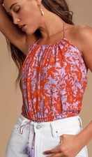 Free People Women  sLiza Halter Bodysuit Wisteria Floral Tassel Top Small