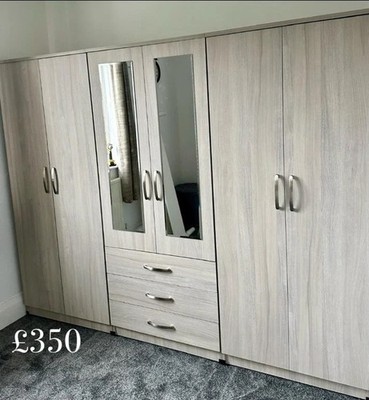 Brandneu Silber 6 Türen Schrank/Garderobe mit Schubladen/Spiegel nur 350£   