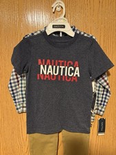 Nautica Boys 3 Piece Outfit Set Size 4 Navy T-Shirt, Plaid Shirt, Khaki Pants