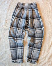 Women's Vintage Wool Gray Plaid Pleated Tapered Trousers Wide Leg Side Zip 25x28