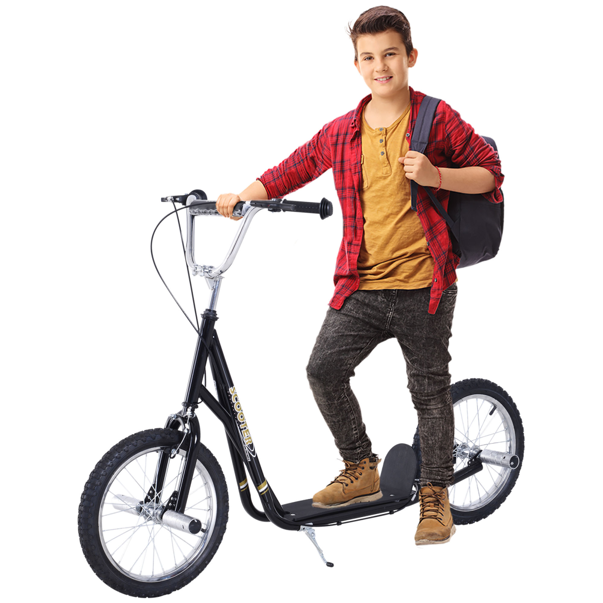 Bobobiy Black Stunt Scooter, Kids Scooter With 16" Big Wheels, Adjustable Height, Dual Brakes, For Ages 5+ Years, - Image 2