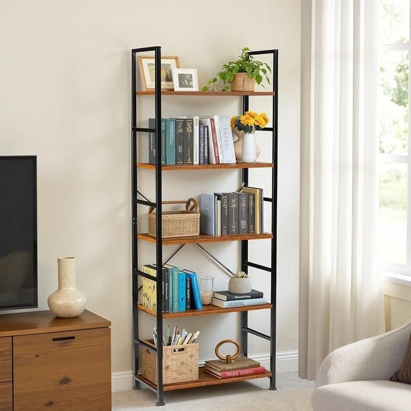Industrial Bookshelf Rustic Wood and Metal Bookcase with Open Shelves 5-Tier - Image 2 of 4