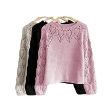 Solid Color Sweater, Crew Neck Hollow Long Sleeves, Pullover Knitted Mid-length