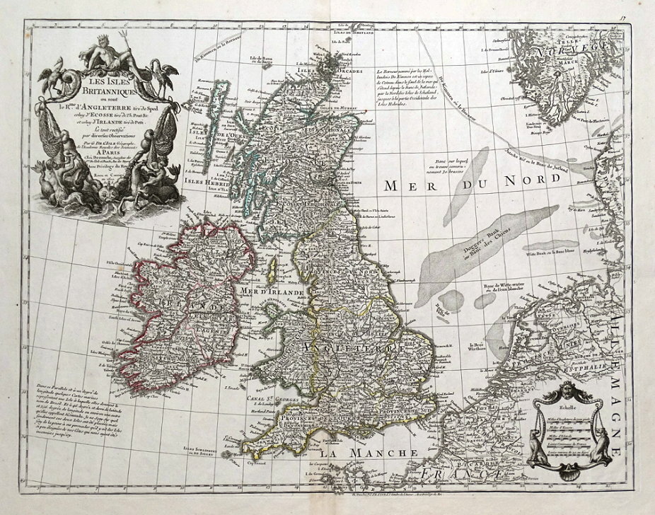 BRITISH ISLES, UK, Great Britain, De L'Isle original antique map