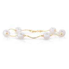 14K Real Solid Gold Natural Freshwater Pearl Station Beaded Bracelet 7" 7.5" 8"