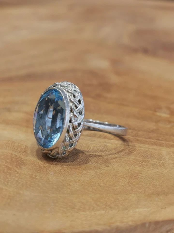 Anello 925 Argento Con Topazio Blu 3,7 Grammi IN Misura 52 Vintage - Immagine 4 di 4
