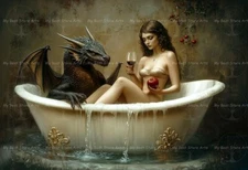 WOMAN AND DRAGON BATHTUB ART PRINT, Gothic Bathroom Decor, Witchy Fantasy Poster