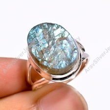 Natural Raw Labradorite Stone Ring 925 Sterling Silver Handmade Statement Rings