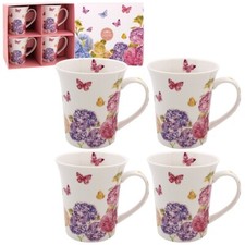 SET OF 4 FINE CHINA MUGS BUTTERFLY BLOSSOM COFFEE OR TEA MUG SET GIFT BOXED HOME