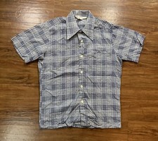 VTG 70 s Capri David Langman Shirt Men s Size Medium Button Blue Polka Dot Plaid