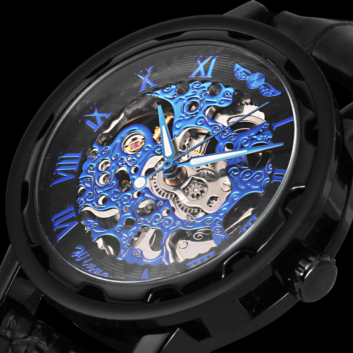 Mens Mechanical Skeleton Wrist Watch Analog Stainless Steel Sport Black Leather